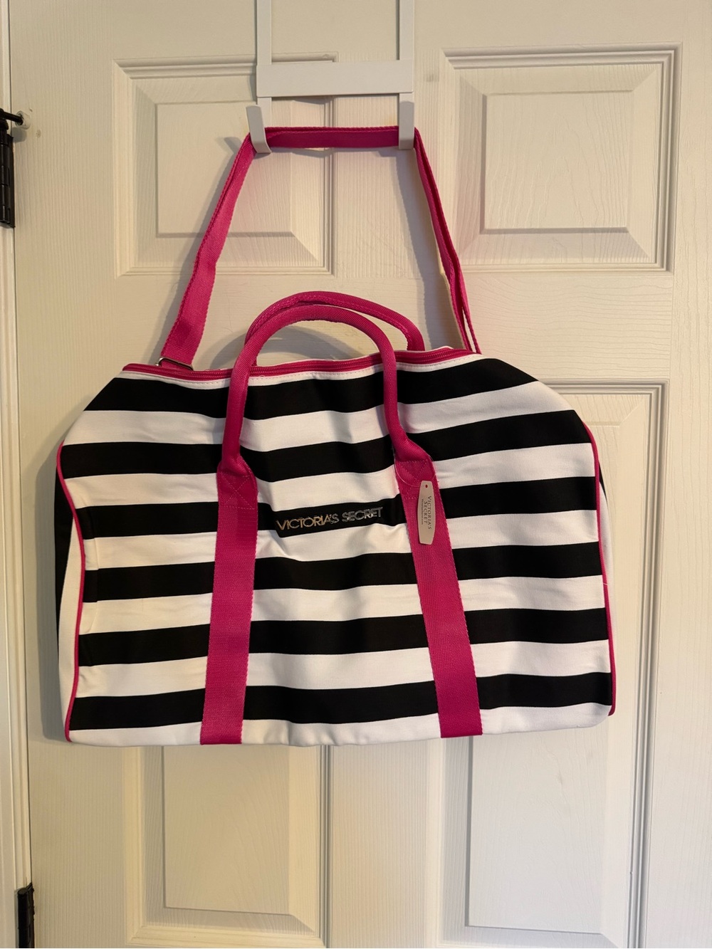 Victoria's Secret Black and White Striped Travel Tote with Pink Accents